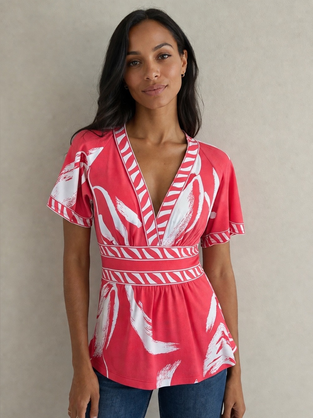 BCBG Women's Pink White Abstract Print Short Sleeve V-Neck Blouse